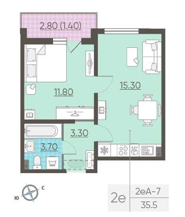 Однокомнатная квартира 35.5 м²
