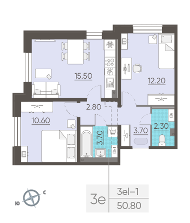 Двухкомнатная квартира 50.8 м²