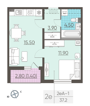 Однокомнатная квартира 37.2 м²