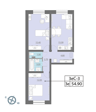Двухкомнатная квартира 54.9 м²