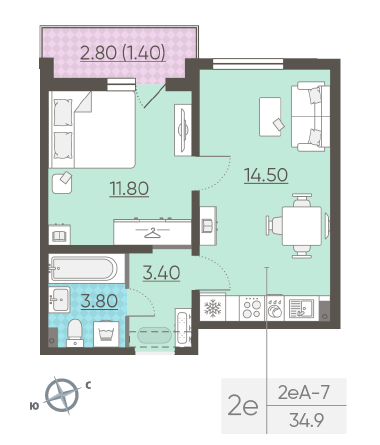 Однокомнатная квартира 34.9 м²