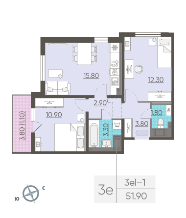 Двухкомнатная квартира 51.9 м²