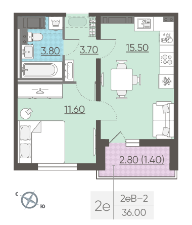 Однокомнатная квартира 36 м²