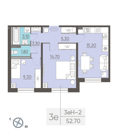 Двухкомнатная квартира 52.7 м²