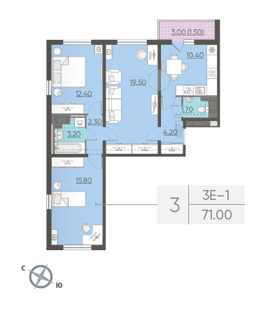 Трёхкомнатная квартира 71 м²