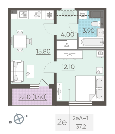 Однокомнатная квартира 37.2 м²