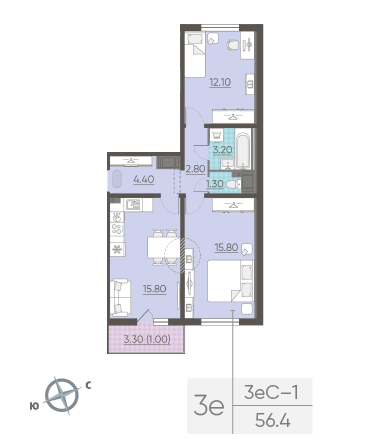 Двухкомнатная квартира 56.4 м²