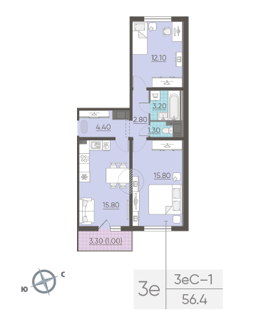Двухкомнатная квартира 56.4 м²