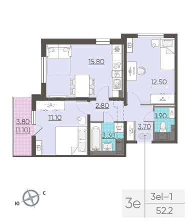 Двухкомнатная квартира 52.2 м²