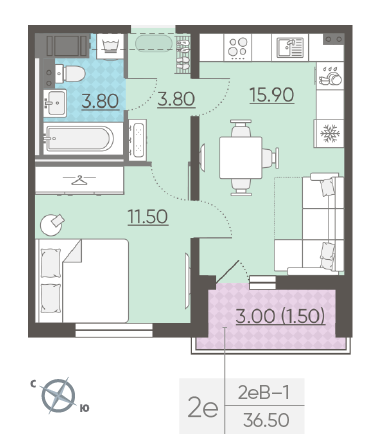 Однокомнатная квартира 36.5 м²