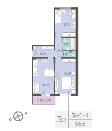 Двухкомнатная квартира 56.6 м²