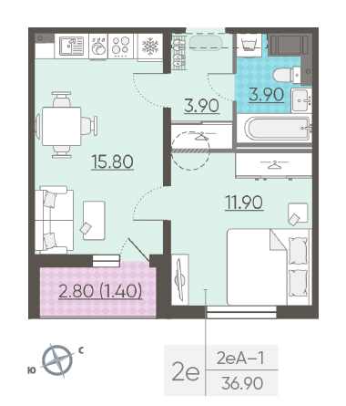 Однокомнатная квартира 36.9 м²