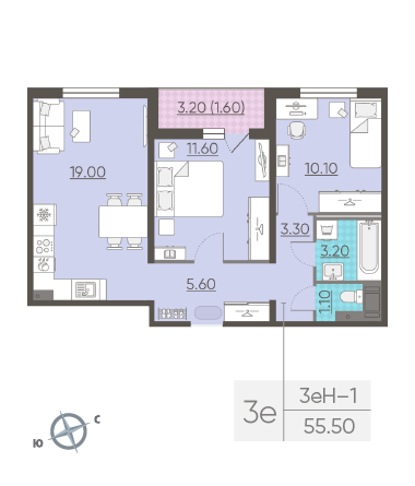 Двухкомнатная квартира 55.5 м²