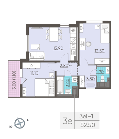Двухкомнатная квартира 52.5 м²