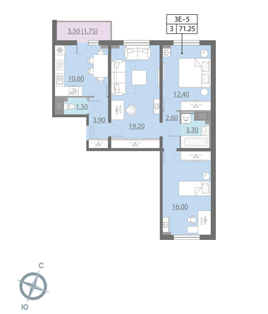 Трёхкомнатная квартира 71.1 м²