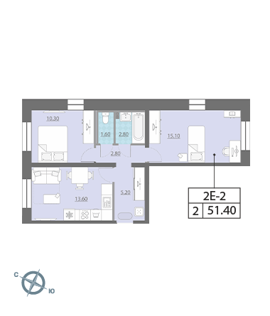 Двухкомнатная квартира 51.4 м²