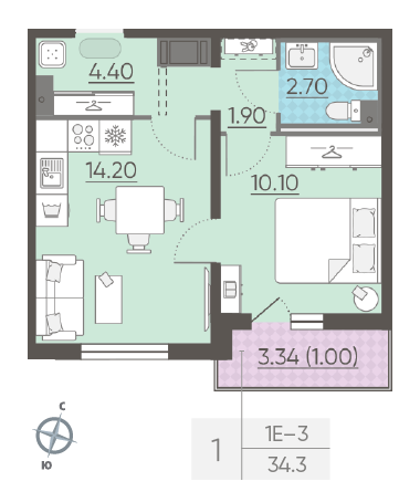 Однокомнатная квартира 34.3 м²
