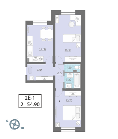 Двухкомнатная квартира 54.9 м²