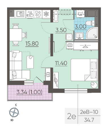 Однокомнатная квартира 34.7 м²