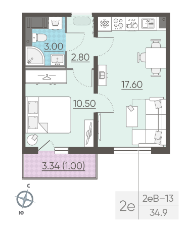 Однокомнатная квартира 34.9 м²