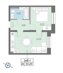 Однокомнатная квартира 33.2 м²