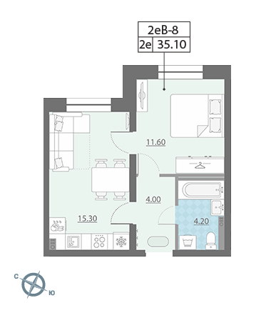 Однокомнатная квартира 35.1 м²