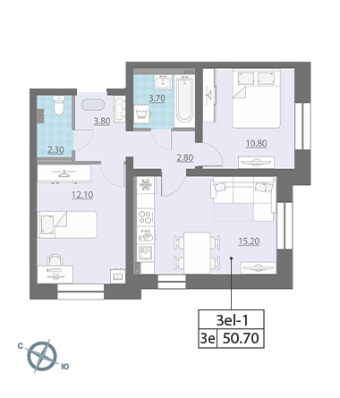 Двухкомнатная квартира 50.7 м²