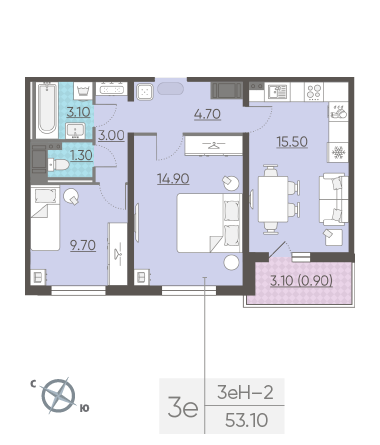 Двухкомнатная квартира 53.1 м²