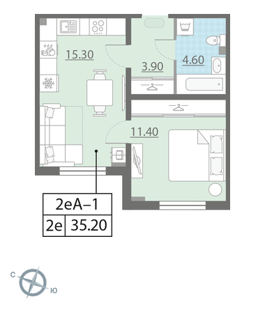 Однокомнатная квартира 34.5 м²