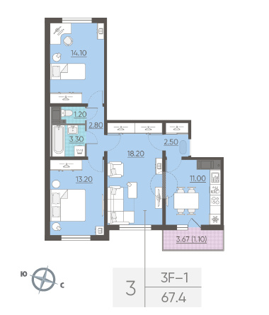 Трёхкомнатная квартира 67.4 м²