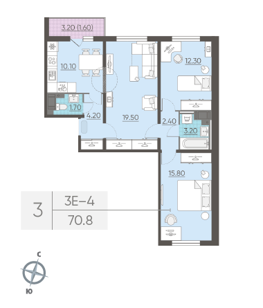 Трёхкомнатная квартира 70.8 м²