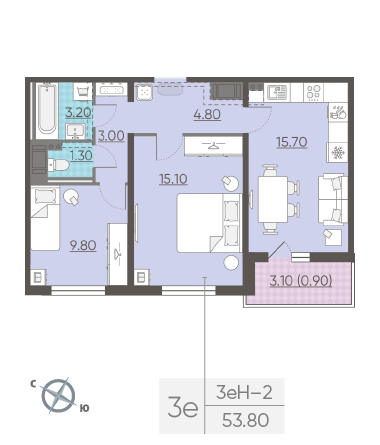 Двухкомнатная квартира 53.8 м²