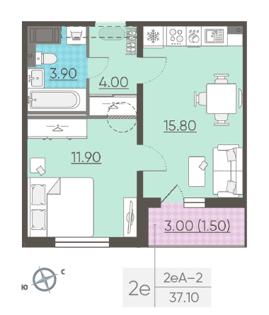 Однокомнатная квартира 37.1 м²