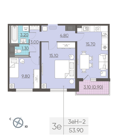Двухкомнатная квартира 53.9 м²