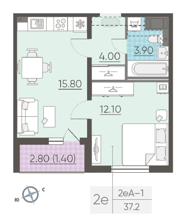 Однокомнатная квартира 37.2 м²