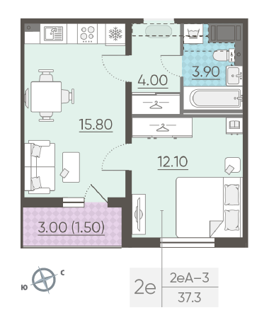 Однокомнатная квартира 37.3 м²