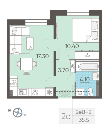 Однокомнатная квартира 35.5 м²