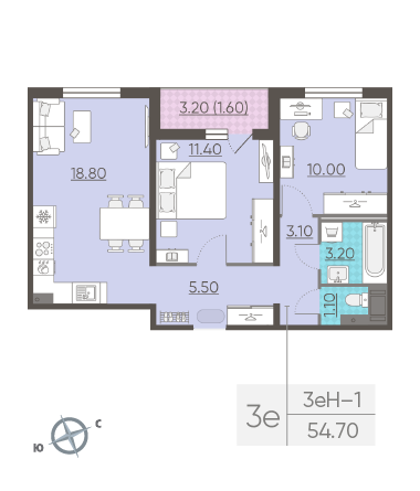 Двухкомнатная квартира 54.7 м²
