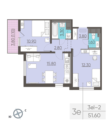 Двухкомнатная квартира 51.6 м²