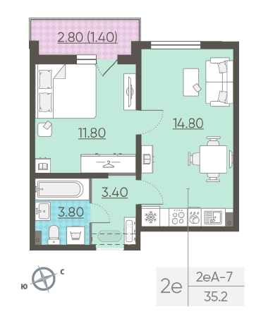 Однокомнатная квартира 35.2 м²