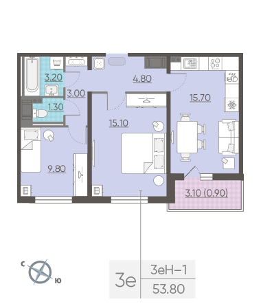 Двухкомнатная квартира 53.8 м²