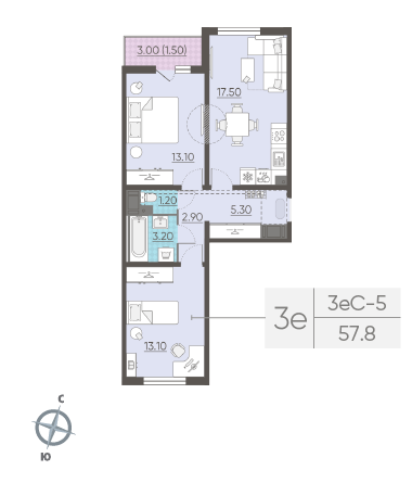 Двухкомнатная квартира 57.8 м²