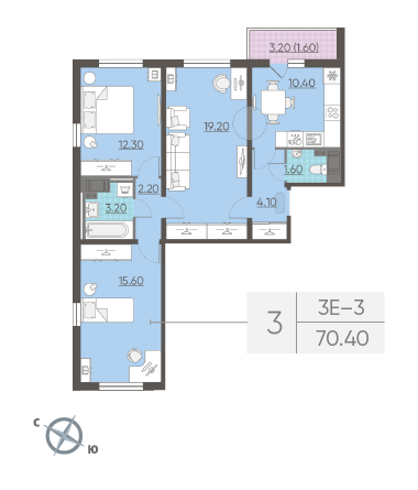 Трёхкомнатная квартира 70.4 м²