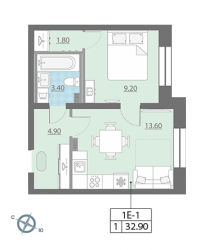 Однокомнатная квартира 32.9 м²