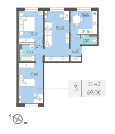 Трёхкомнатная квартира 69 м²