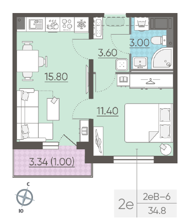 Однокомнатная квартира 34.8 м²