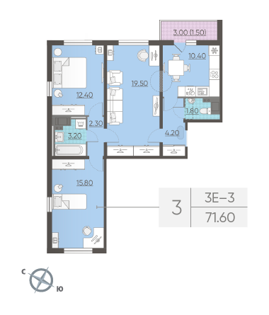 Трёхкомнатная квартира 71.6 м²