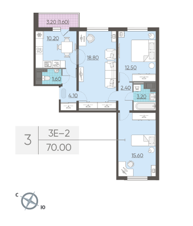 Трёхкомнатная квартира 70 м²