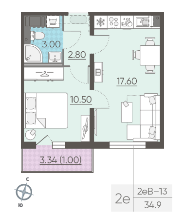 Однокомнатная квартира 34.9 м²