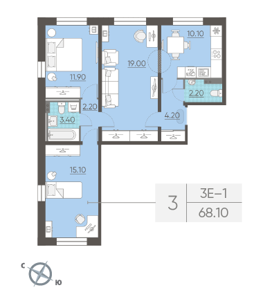 Трёхкомнатная квартира 68.1 м²